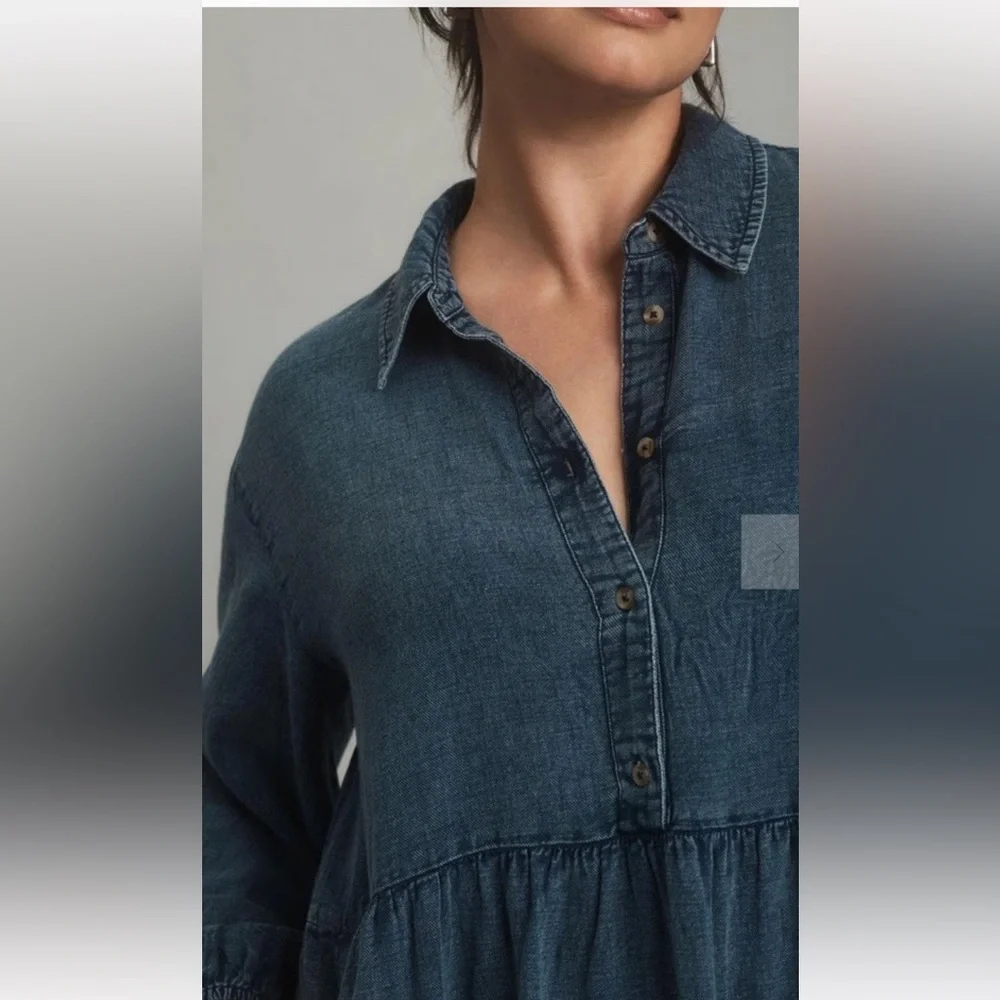 Anthropologie The Bettina Tiered Mini Shirt Dress Denim Button Pockets Blue - Picture 6 of 8